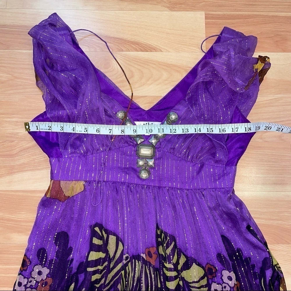 TIBI Silk Dress Sz 10 $495 Purple Floral Beads 100% Silk Metallic Empire Waist - Picture 14 of 14